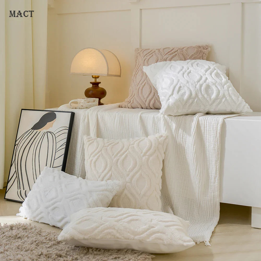 MACT Plush Cushions on a cozy bed setting with decorative elements.