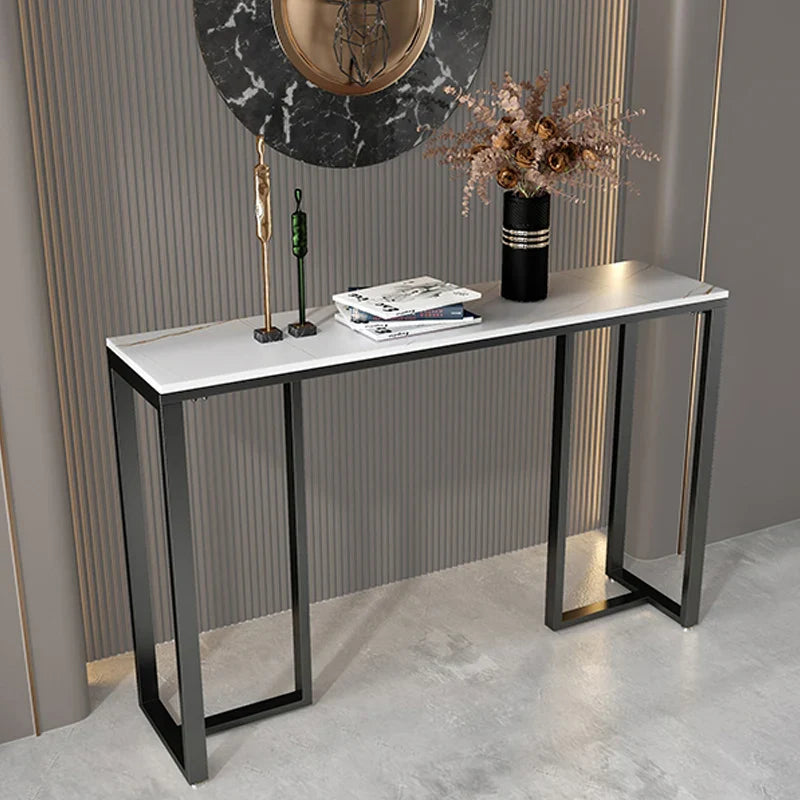 Modern marble console table with black metal frame, ideal for entryways or living rooms.