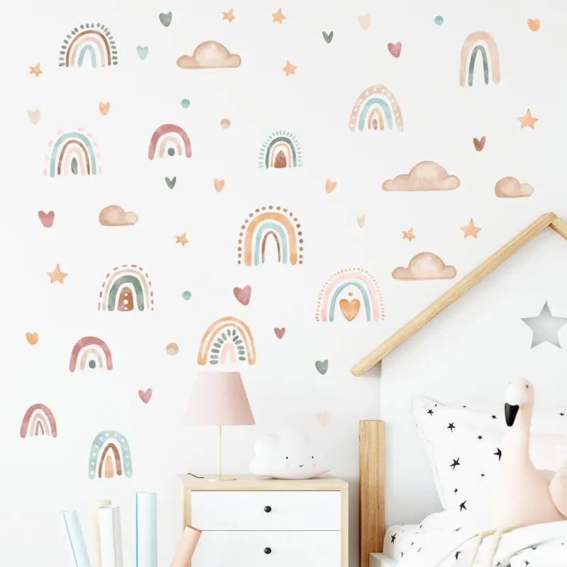 Cali Rainbow Cloud Star Wall Stickers for kids' bedrooms, featuring vibrant rainbows, clouds, and stars.