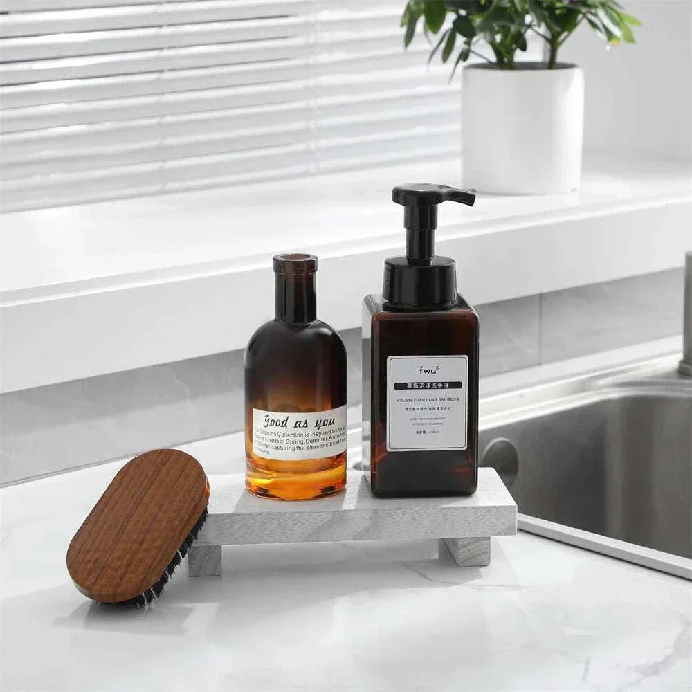 Small Wood Riser used as bathroom organizer holding toiletries.