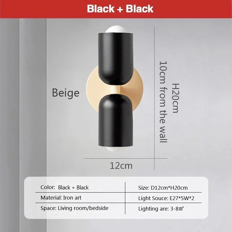 Ridi Wall Lamps - Nordic LED with double head lampshade, black and beige design, iron body, suitable for living room or bedside.