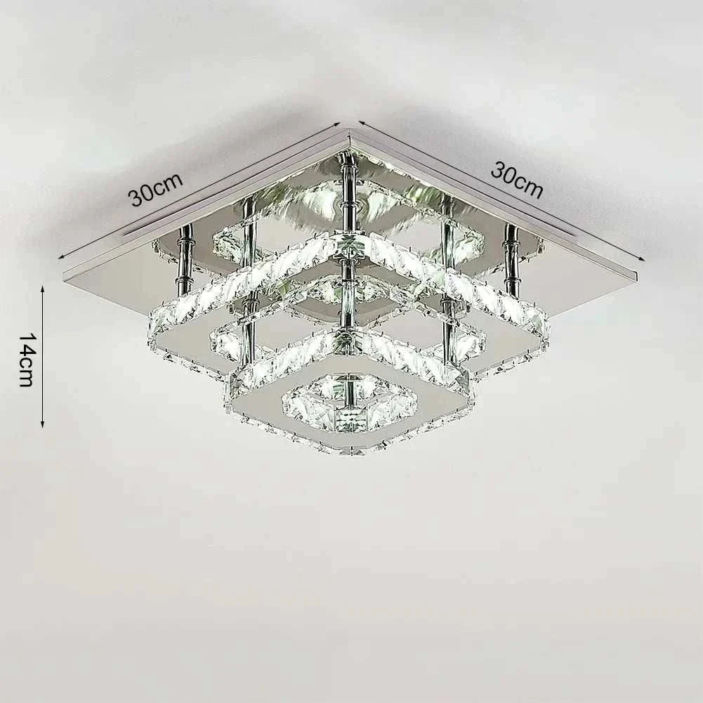 LED Chandelier with chrome finish and crystal design, 30cm x 30cm x 14cm, semi-flush mount.