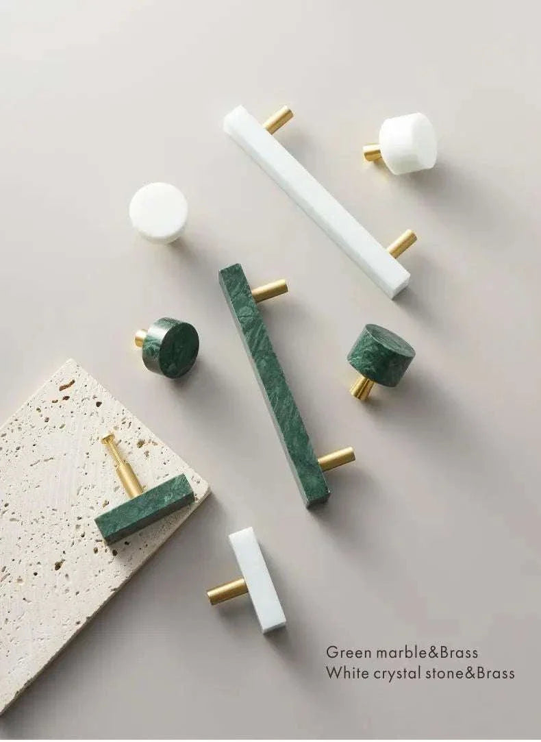Anessa Handles made from brass with white and green marble accents.