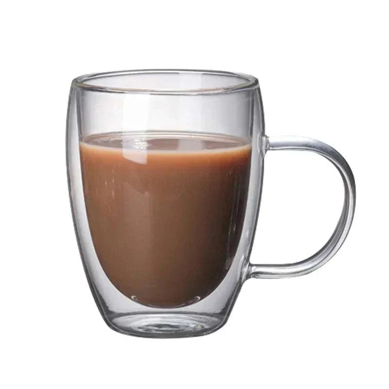 Double bottom wall glass cup for coffee, tea, or whiskey, made with thermal heat resistant glass.