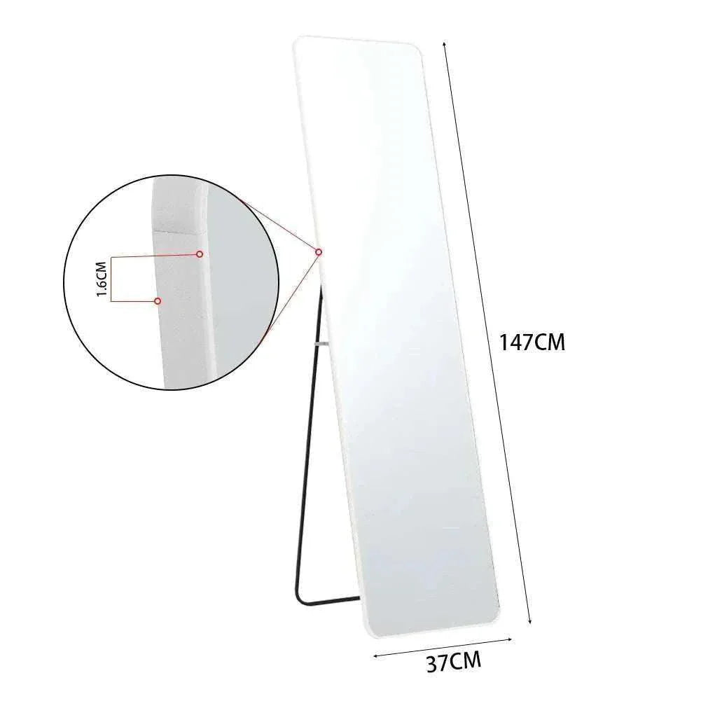Silver rectangular mirror with metal frame, 37cm by 147cm, wall-mounted or freestanding.