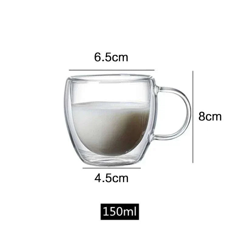 Double bottom wall glass cup for coffee, tea, and whiskey with thermal heat resistant design; 150ml capacity.