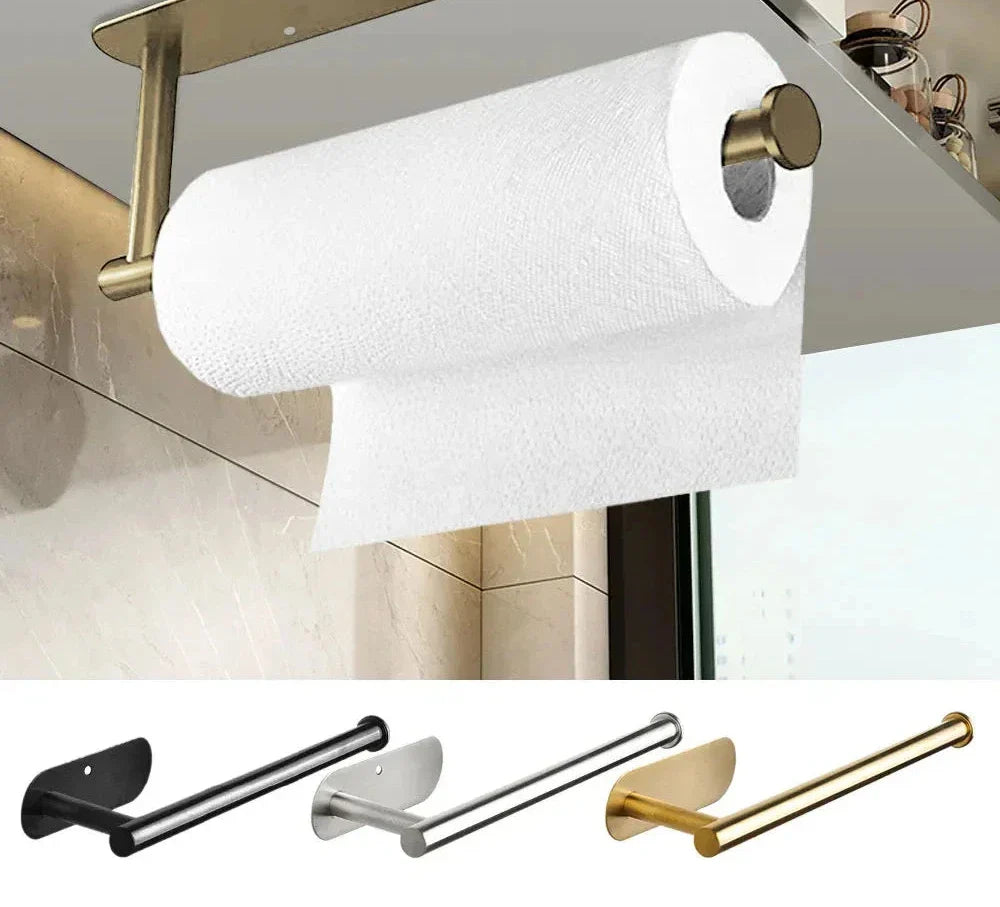 Shamii Paper Towel Holder mounted under a cupboard with a roll of paper towels.