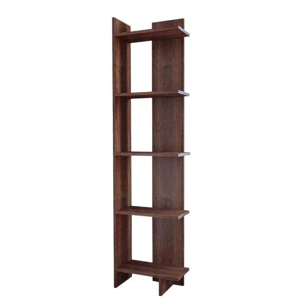 5 tier corner shelving unit in walnut wood color, perfect for space-saving storage.