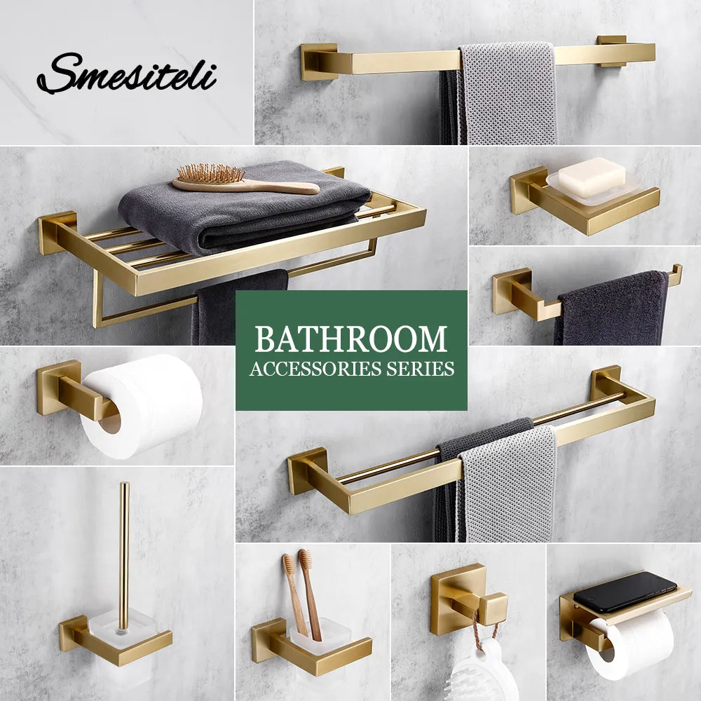 Matte gold Smesiteli Racks and Hooks in a bathroom setting showcasing organized storage solutions.