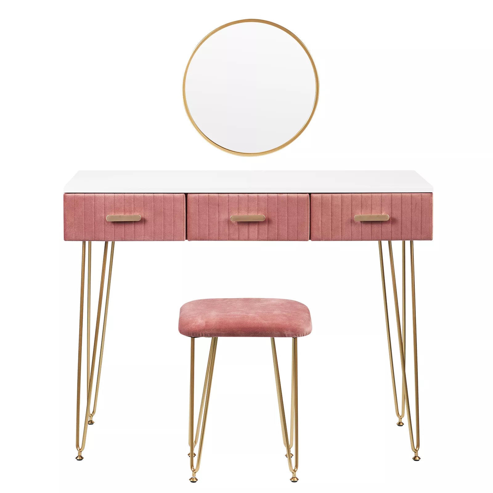 Viola Makeup Vanity Table with Mirror and Pink Stool, Elegant Home Furniture with Storage.