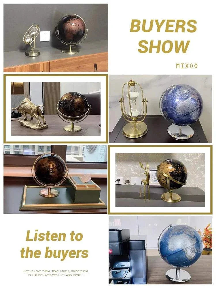 Aya Globes displayed in various settings, showcasing elegant black, bronze, and gold designs for home or office decor.