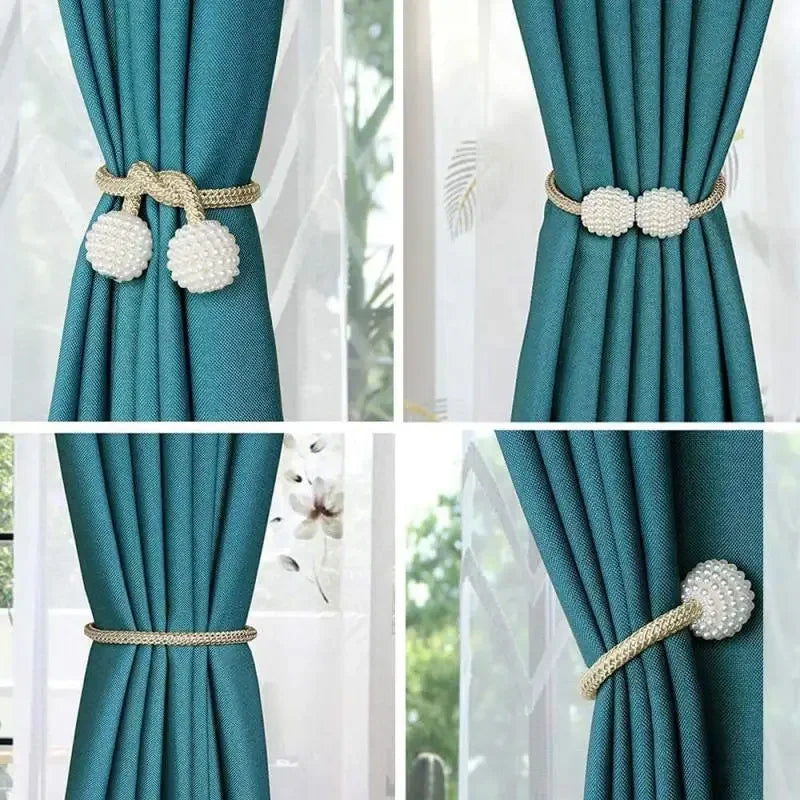 Magnetic Curtain Clip with beaded design securing teal curtains elegantly by window.