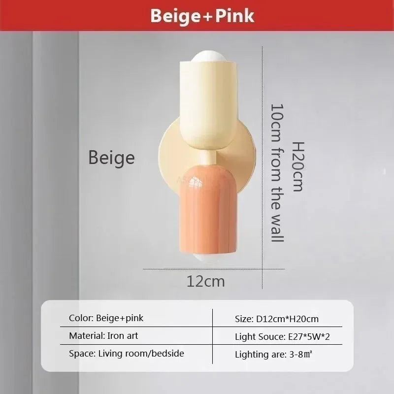 Ridi Wall Lamps in beige and pink, Nordic LED design, with double head lampshade and dimensions shown.