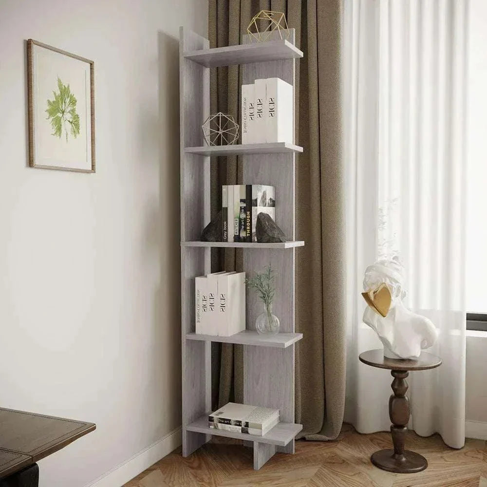 5 Tier Corner Shelving Unit in White/Walnut/Maple Wood, space-saving design for living room storage.
