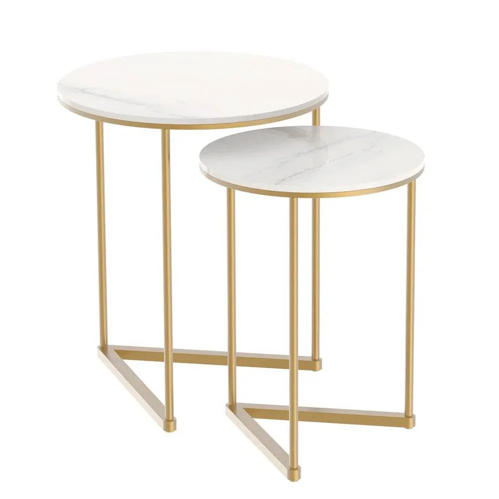 Modern Mariah side table set with marble tops and gold metal bases.