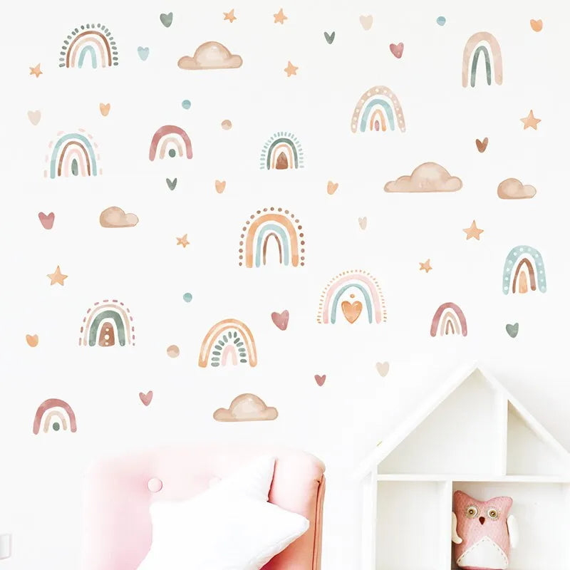 Cali Rainbow Cloud Star Wall Stickers featuring colorful rainbows, clouds, and stars for kids' bedroom decor.