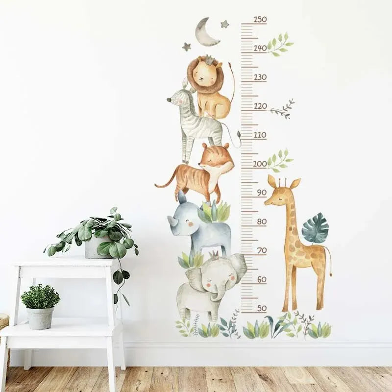 Cali African animal wall sticker for kids' room with vibrant stickers featuring a lion, giraffe, elephant, and more against a growth chart backdrop.