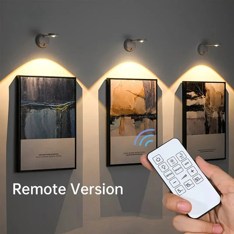USB rechargeable dimmable LED spotlight illuminating paintings with remote control.