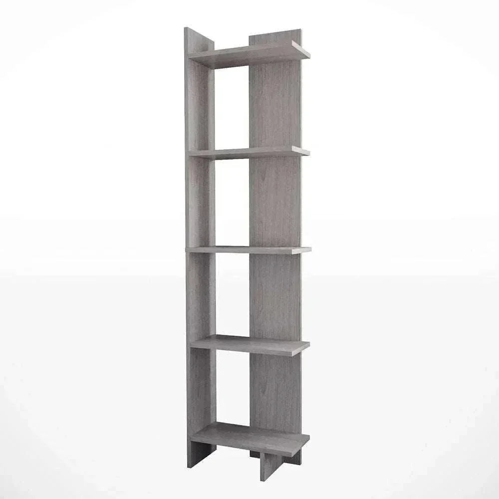 5 tier corner shelving unit in white and walnut finish, with ample storage for organizing spaces.