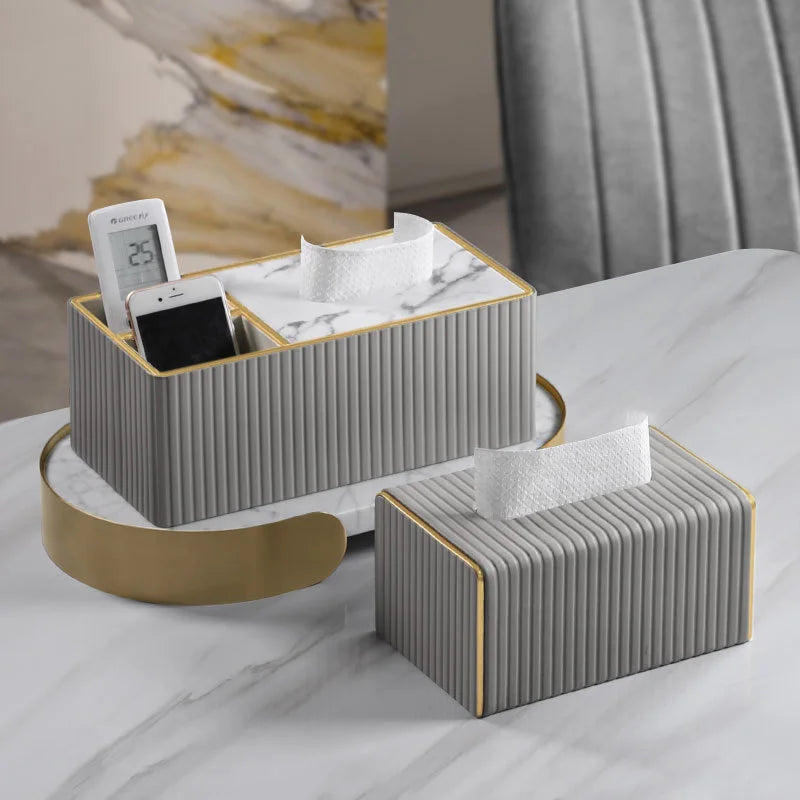Ribbed Tissue Box with elegant textured design on marble countertop.