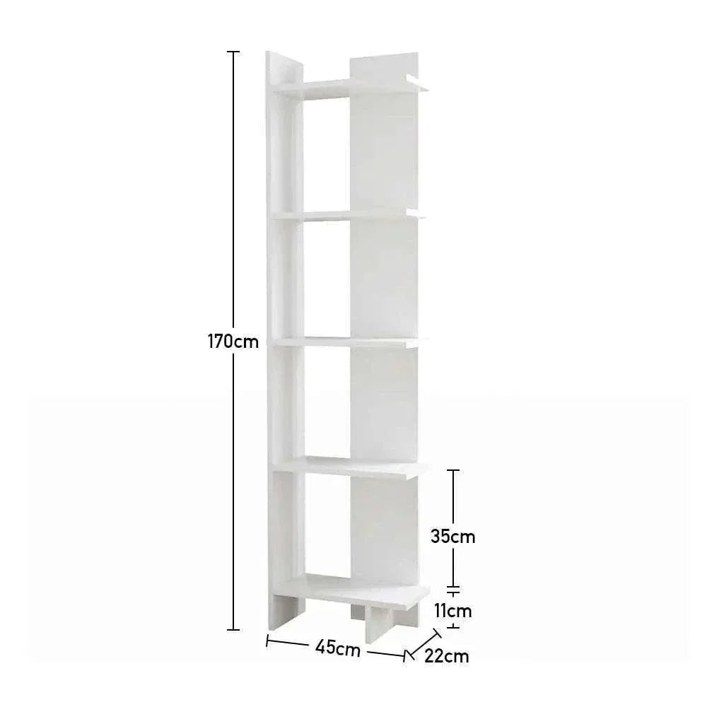 5 tier corner shelving unit, white, 45cm W x 22cm D x 170cm H, space-saving storage solution.