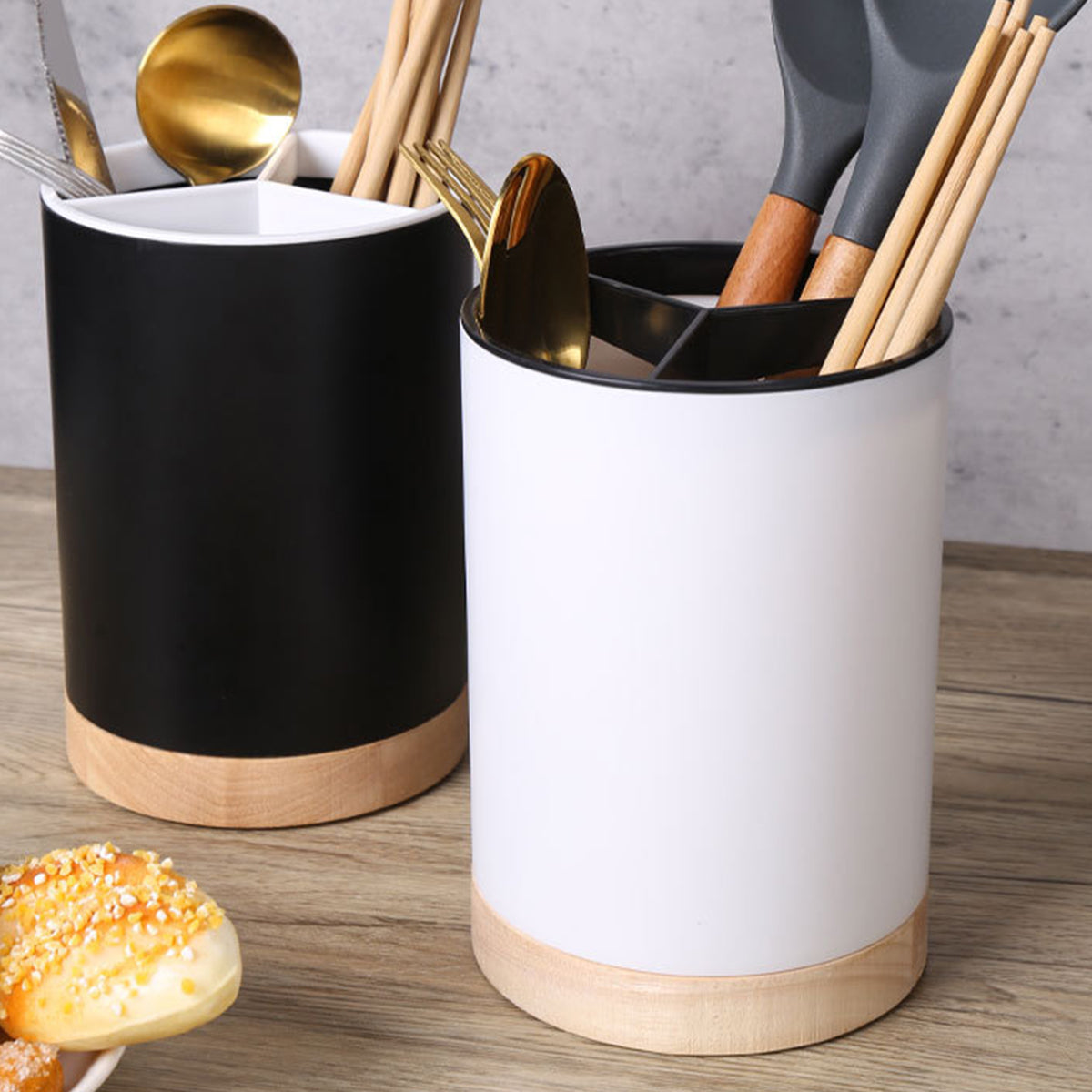 Durable plastic cutlery drainer with wood and ceramic look, organizing utensils stylishly.