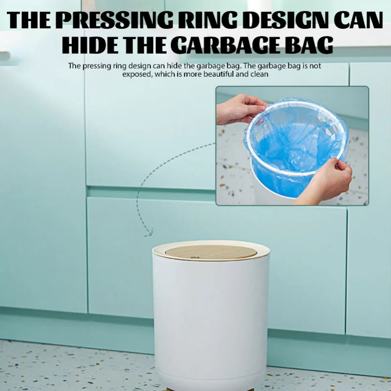 Null Trash Can with pressing ring design to hide garbage bag, round shape for versatile room placement.