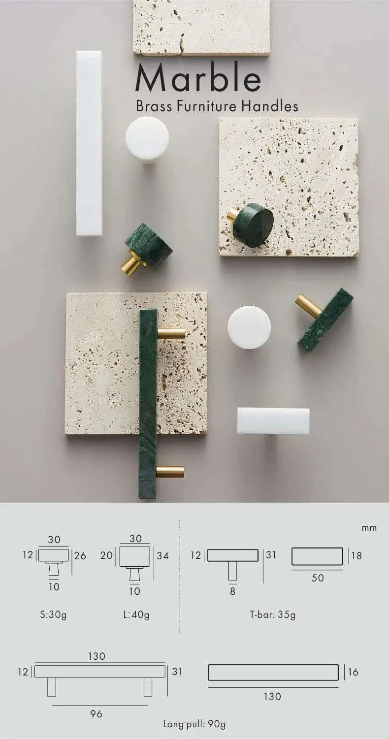 Anessa Handles made from brass with white and green marble for elegant home decor.