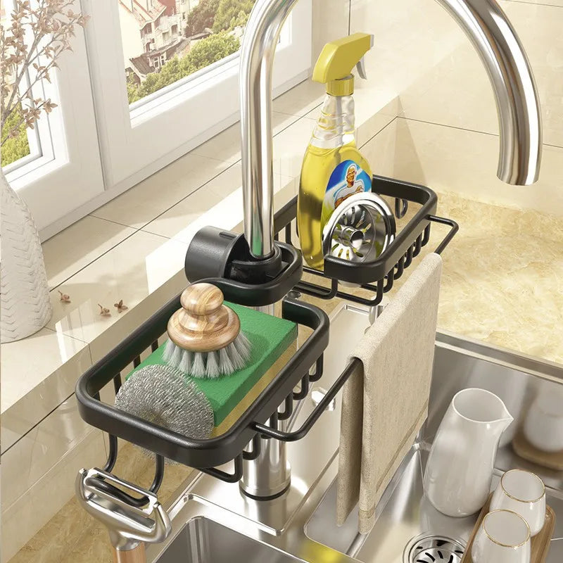 Faucet Soap Drainer attached to kitchen sink, organizing cleaning supplies and maximizing space.