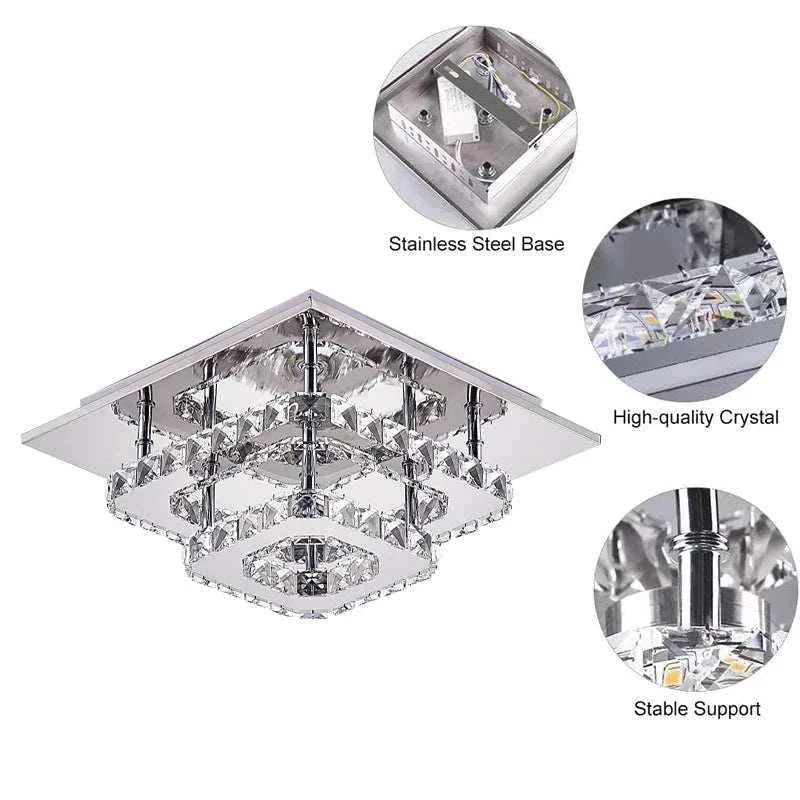 Chrome LED chandelier with crystal ceiling light, semi-flush mount design, ideal for living spaces.