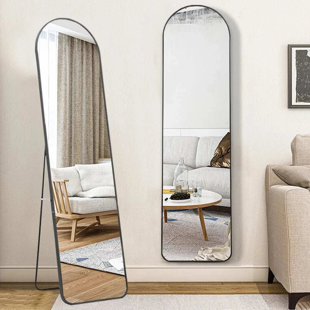 Arched Mirror in black metal frame, wall-mounted or freestanding, full length, 50cm W x 150cm H.