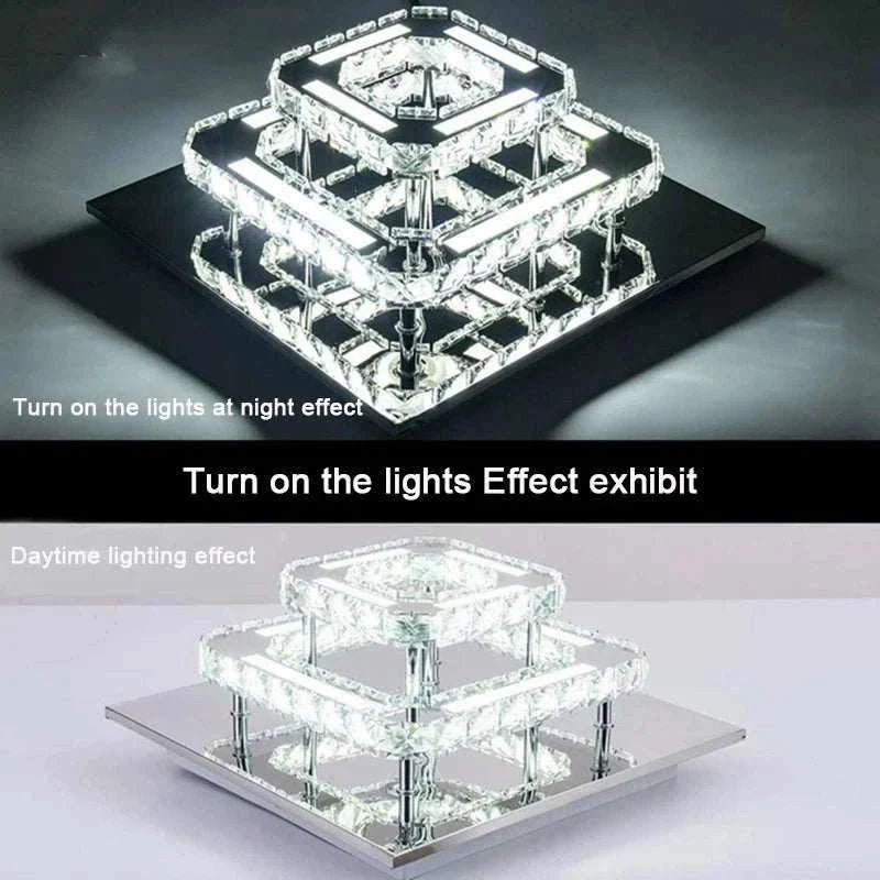 LED Chandelier with chrome finish and crystal design, showcasing nighttime and daytime lighting effects.