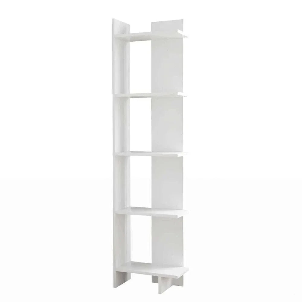 5 tier corner shelving unit in white, space-saving design for home storage.