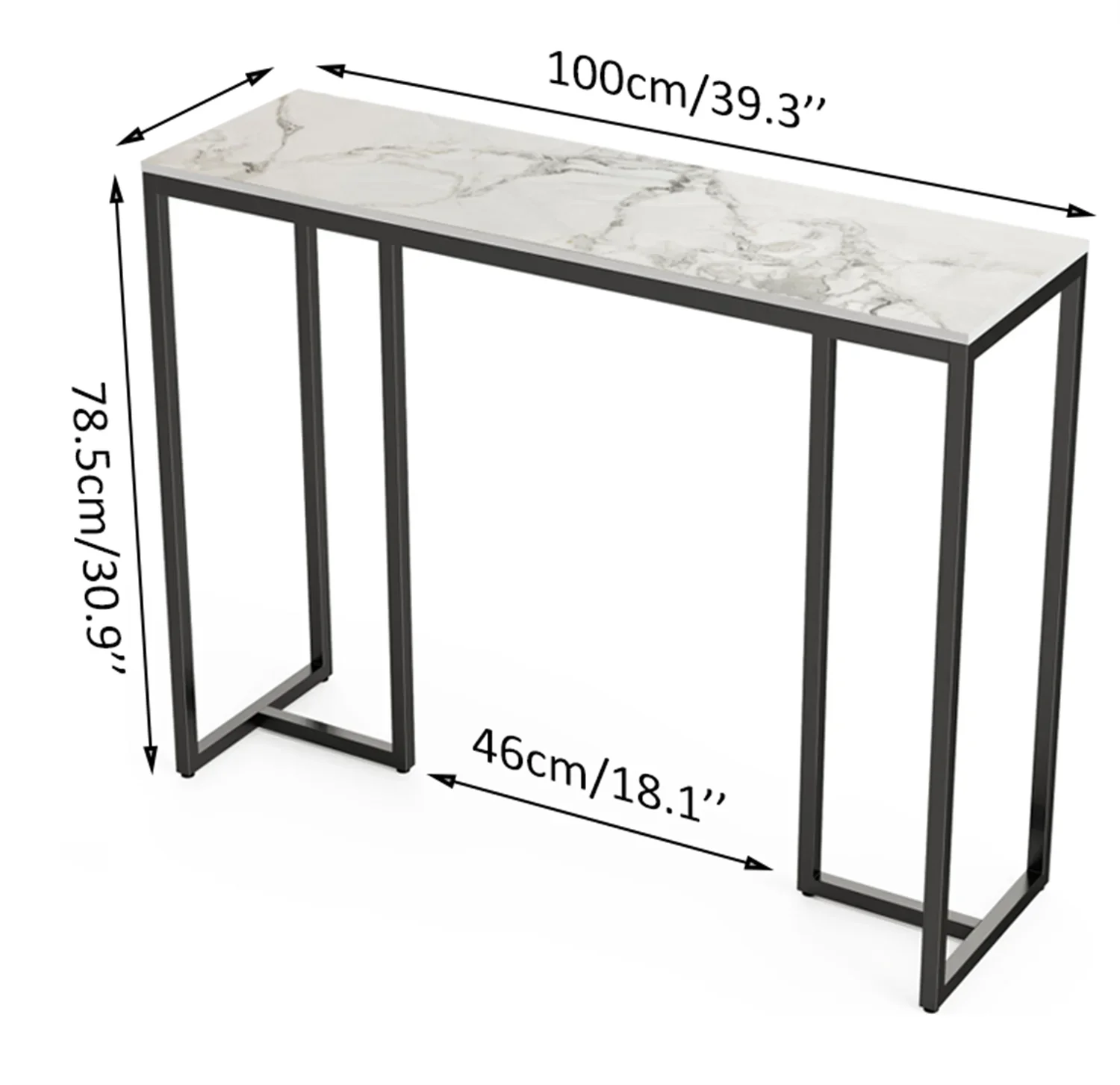 Modern black and white marble console table with metal frame, perfect for entryways.