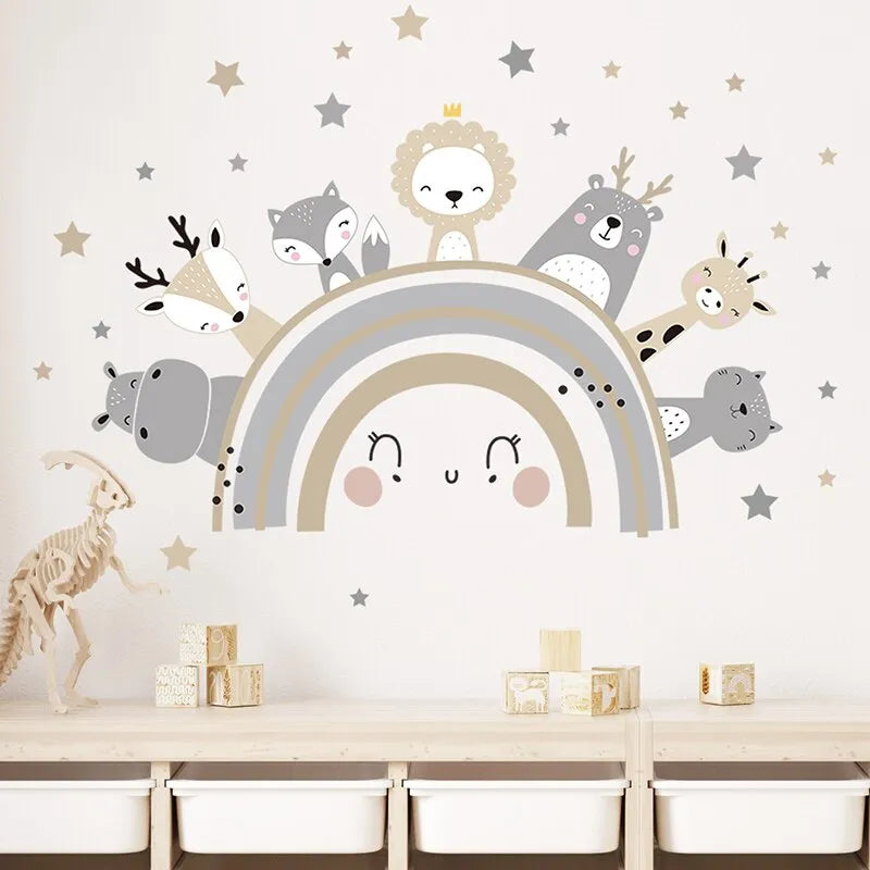Playful Cali cartoon animal wallpaper with rainbow and stars, perfect for kids' rooms.