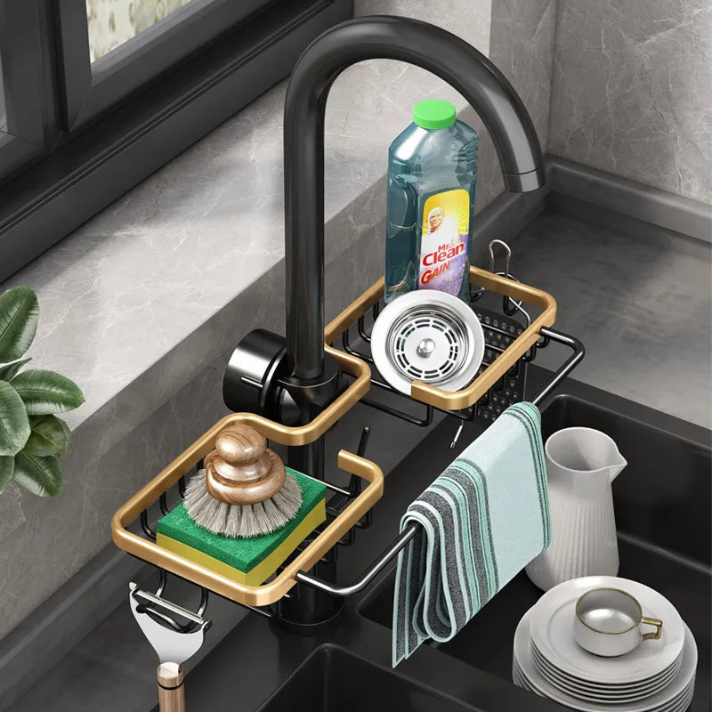 Faucet Soap Drainer attached to kitchen sink for organized space.