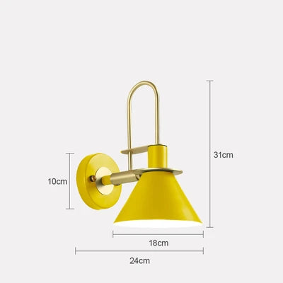 Yellow Dexter wall lamp with adjustable arm, modern design, and dimensions labeled.