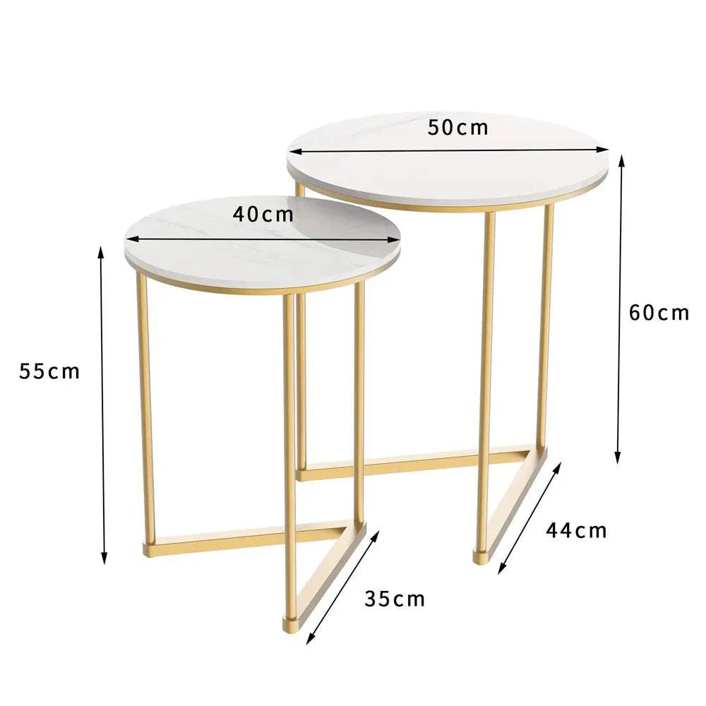 Modern Mariah side table set with marble top and gold metal base, featuring two nesting tables.