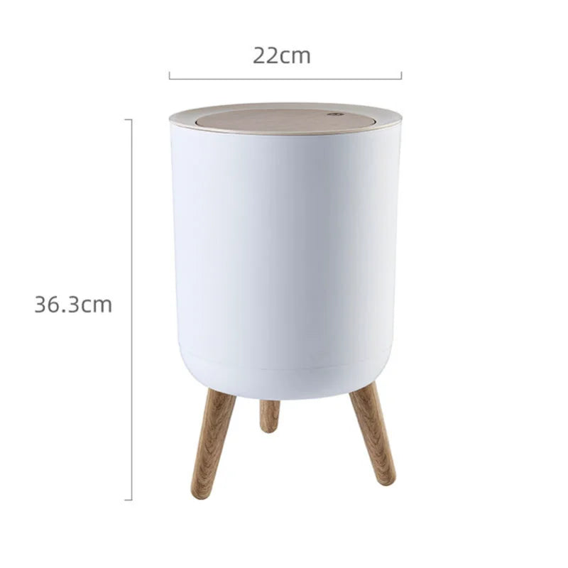 Null Trash Can with wooden legs, versatile for bathroom or bedroom, sleek round design, 36.3cm height.