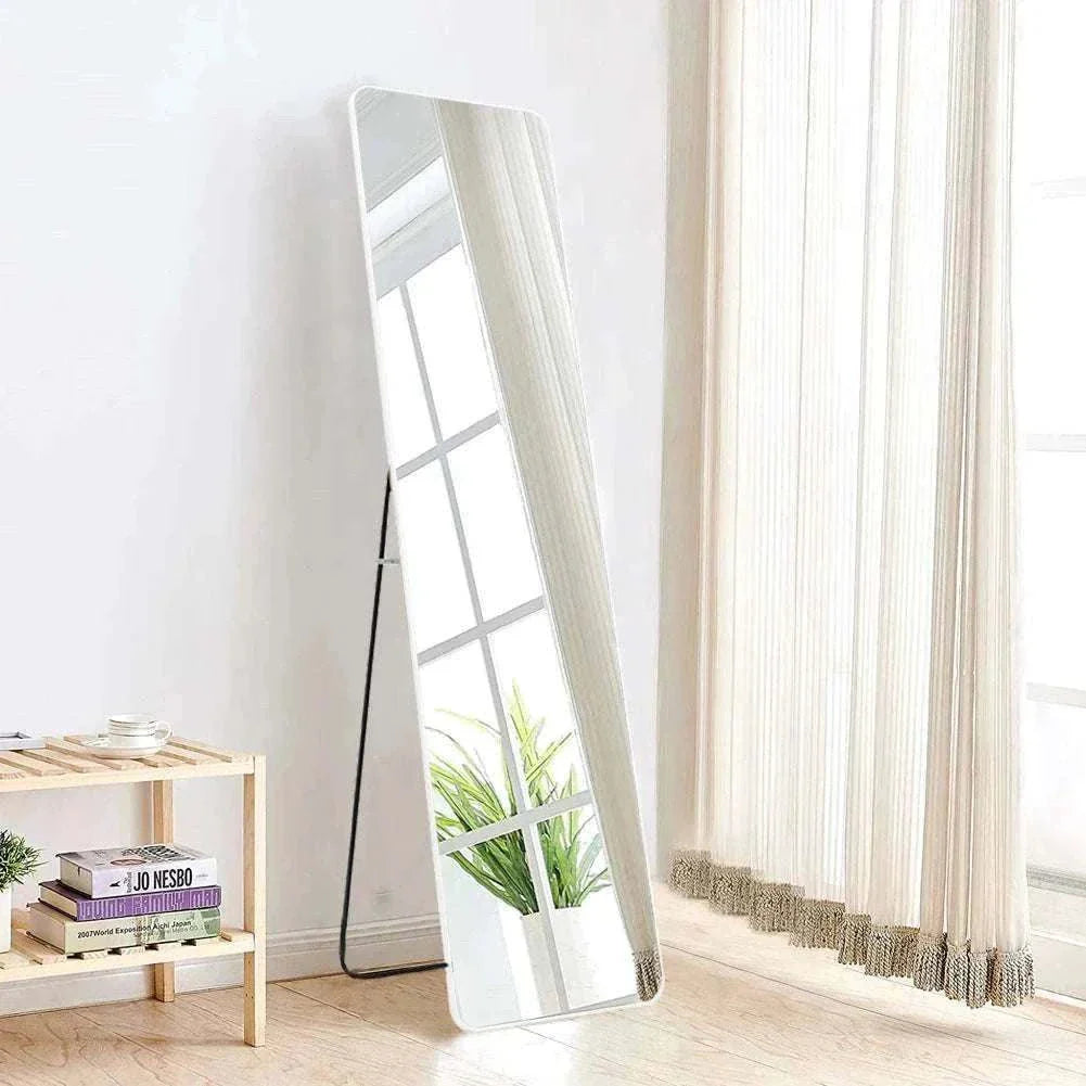 Silver rectangular full-length mirror with metal frame, wall-mounted or freestanding.