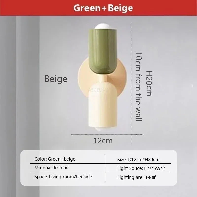 Ridi Wall Lamps - Green and Beige Nordic LED Wall Lamp with Double Head Lampshade, Iron Art Body, 2-Year Warranty.