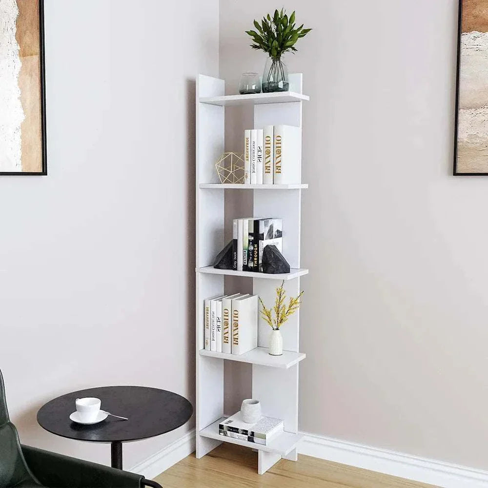5 tier corner shelving unit in white, showcasing storage and organization in a modern living space.