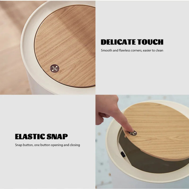 Null Trash Can with wooden lid, featuring smooth corners and elastic snap for easy opening.
