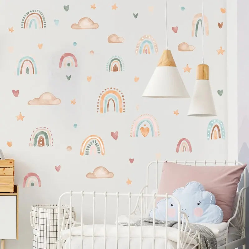 Vibrant Cali Rainbow Cloud Star Wall Stickers for kids' bedroom decor.