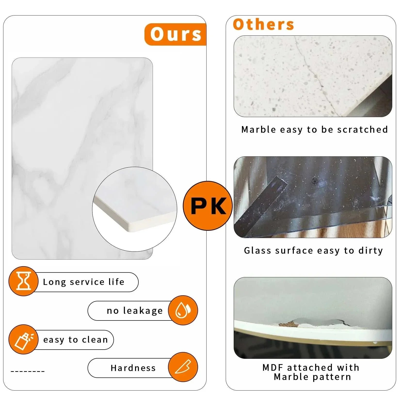Lina Table comparison of scratch-proof marble surface with others, highlighting durability and cleanliness.