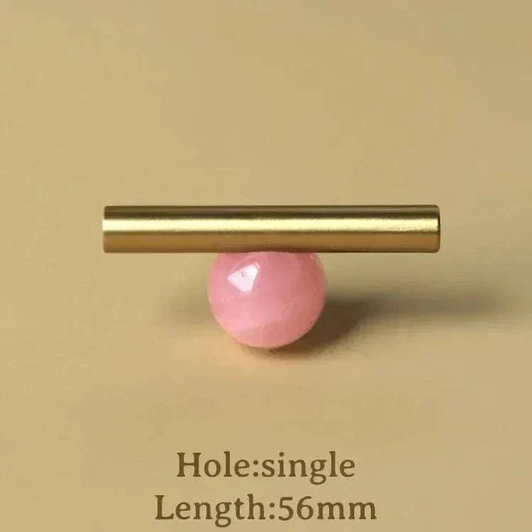 Natural Crystal and Brass Furniture Handle with Pink Decorative Knob, 56mm Length, for Kitchen Cabinets.