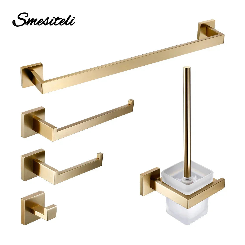 Matte gold Smesiteli Racks and Hooks for bathroom organization.