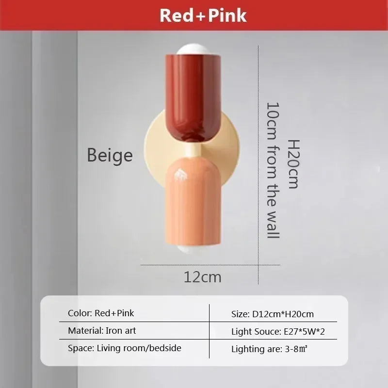 Ridi Wall Lamps, Nordic LED, double head, red and pink, iron art, soft lighting, living room decor.