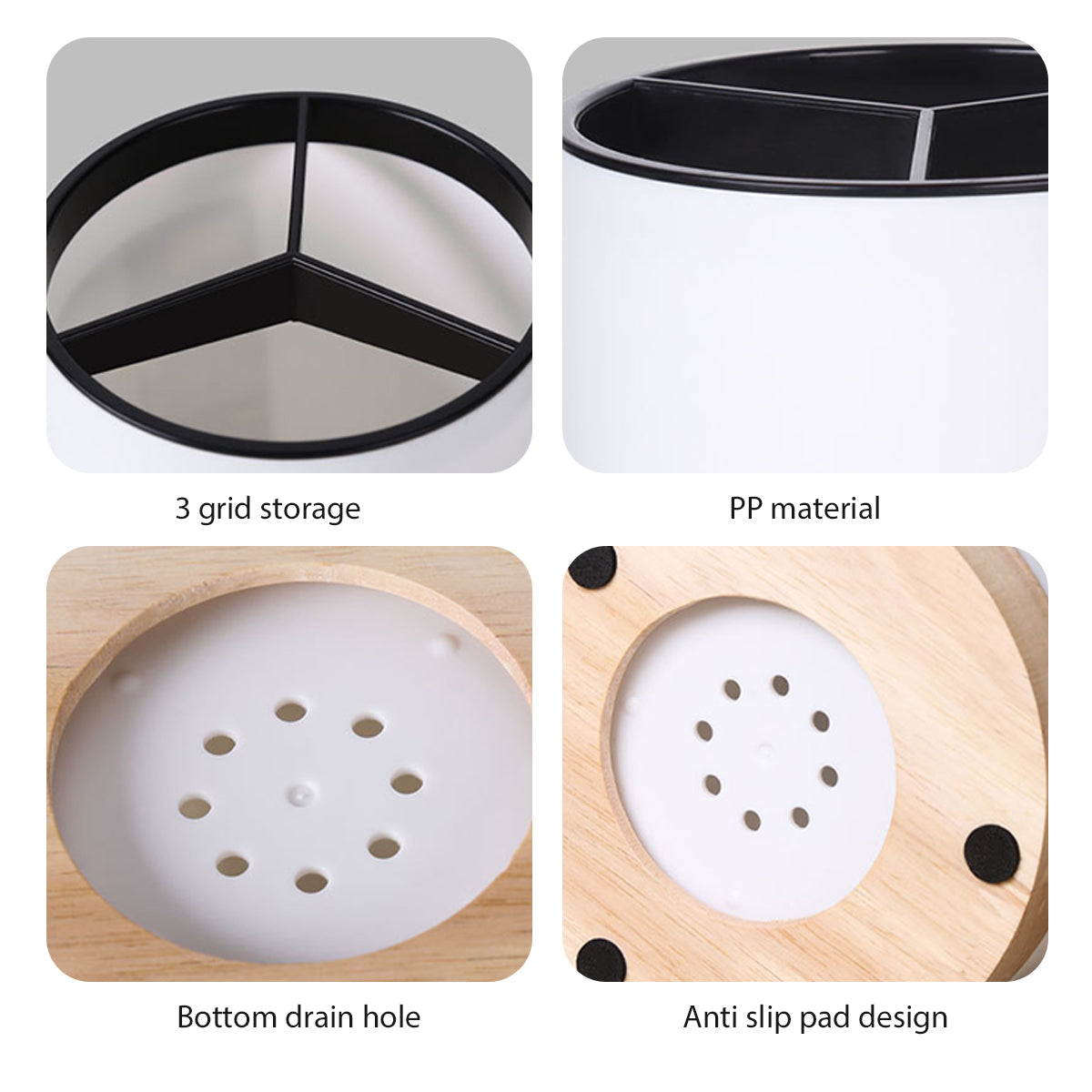 Cutlery drainer with three-grid storage, PP material, bottom drain hole, and anti-slip pad design.