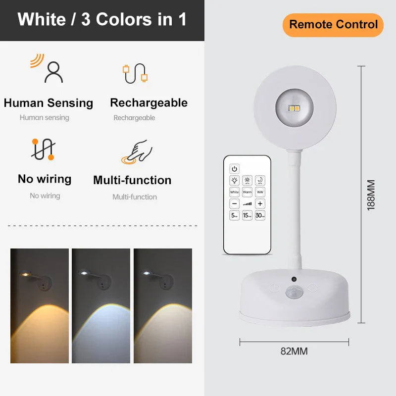 USB rechargeable dimmable LED spotlight with human sensing and remote control, three colors in one, wall mounted design.